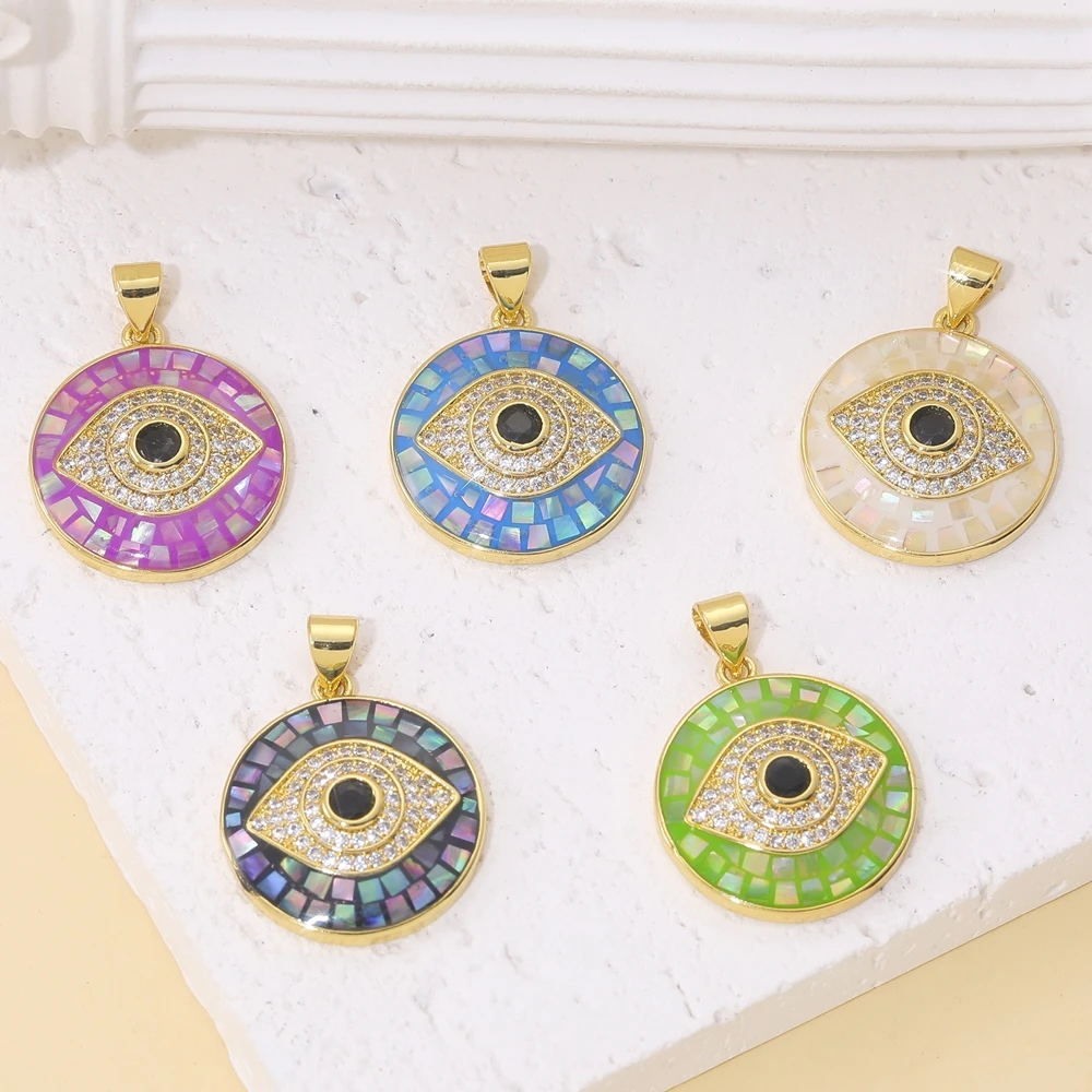 Juya 18K vergoldete Luxus-Anhänger mit Regenbogen-Zirkonia, Stern, Libelle, Baum des Lebens, Biene, Liebesherz, rundem griechischem Bösen-Auge-Charm – Detail 1
