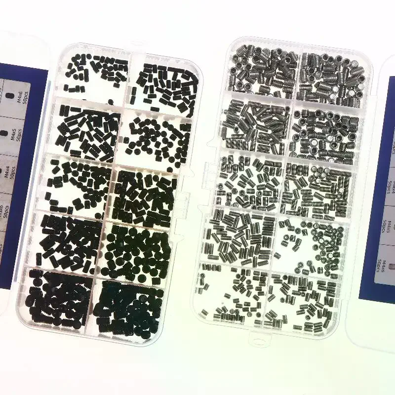 NEW 500pcs M2.5 M3 M4 DIN913 304 Stainless Steel Black Hex Hexagon Socket Allen Flat Point Grub Bolt Set Screw Kit Box