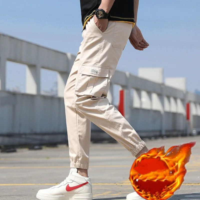 2023 New Men's Clothing Trousers Cargo Mid Waist Drawstring Slim Spring Autumn Casual All-match Solid Color Pockets Pants
