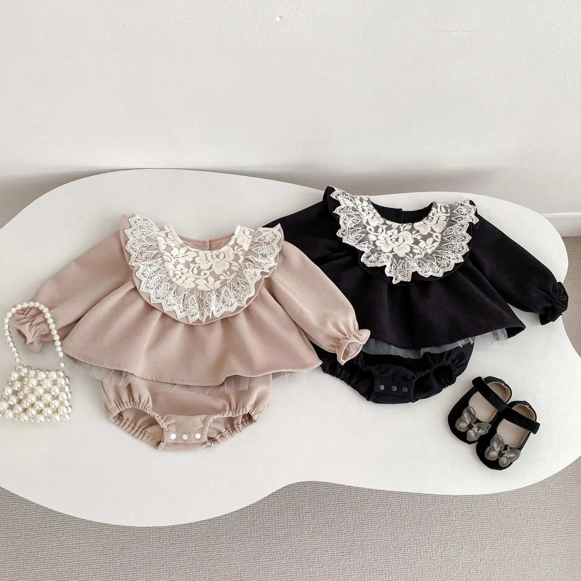 

2025 Fall Baby Girl Romper Dress Korean Style Lace Trim Ruffle Collar Long Sleeve Bodysuit Princess Outfit 0-24 Months​