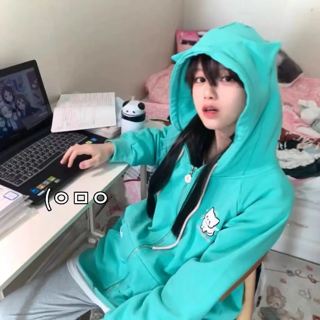 

Japanese Cartoon Cat Embroidery Long Sleeves Zip Up Hoodie Women Autumn Winter Sweet Girl Cute Sweatshirt Cardigan Y2k Top