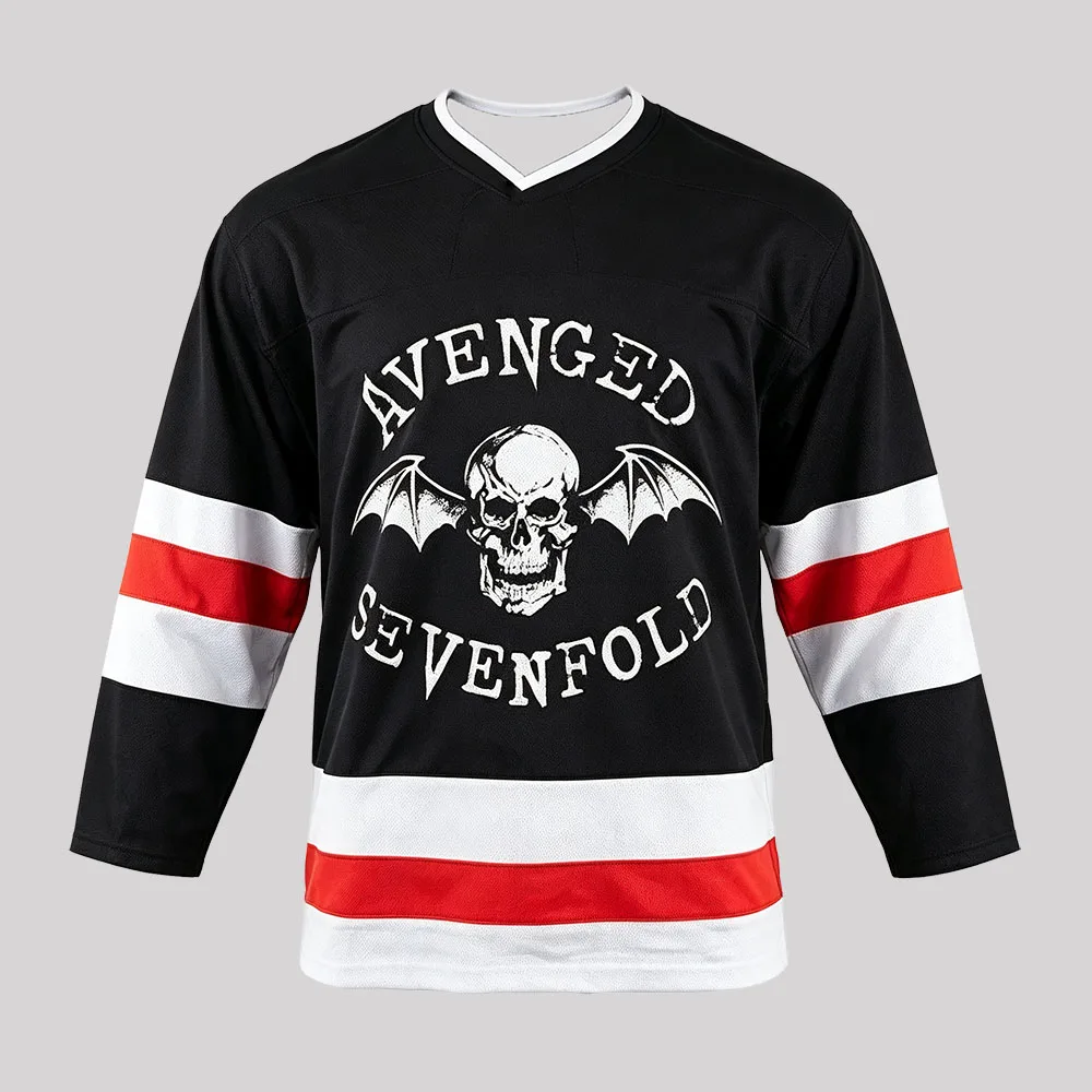 Avenged Sevenfold Skull Bat Red Hockey Jersey Unisex V-neck Long Sleeve Hockey Uniform Summer Breathable Quick Dry Sportswear