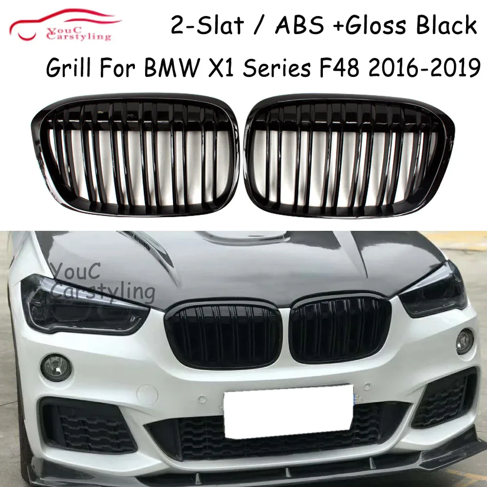 X1 F48 Grille Gloss Black Dual Flat Front Kidney Grill For BMW X1 F48 2016-2019 Pre-LCI 5-door SUV Front Hood Grill Mesh