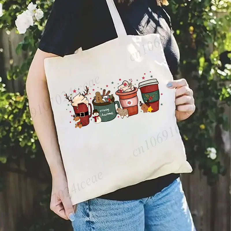 Christmas Coffee Women Tote Bags, Snowman Gingerbread Graphic Canvas Shoulder Bags for Xmas Holiday Gifts