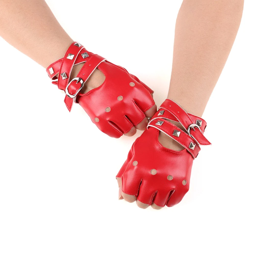 Child and Adult Half Finger PU Leather Gloves Rock Punk Style Rivet Fingerless Gloves Mittens Hollow Bandage Party Show Gloves