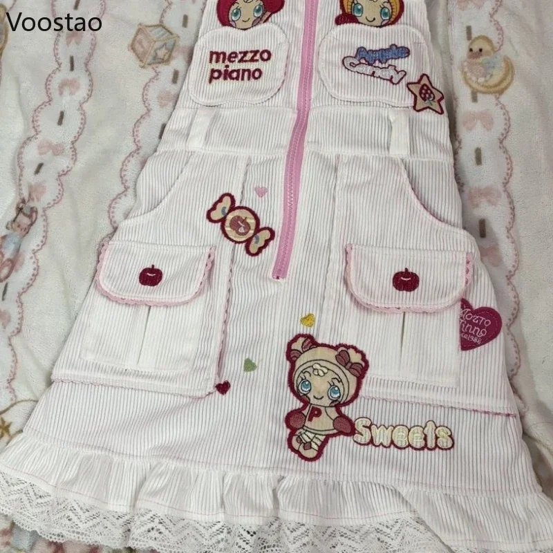 Vestido de tirantes estilo Lolita japonés para mujer, minivestido de fiesta con bolsillo bordado de dibujos animados de conejito dulce, vestido de princesa Kawaii Y2k