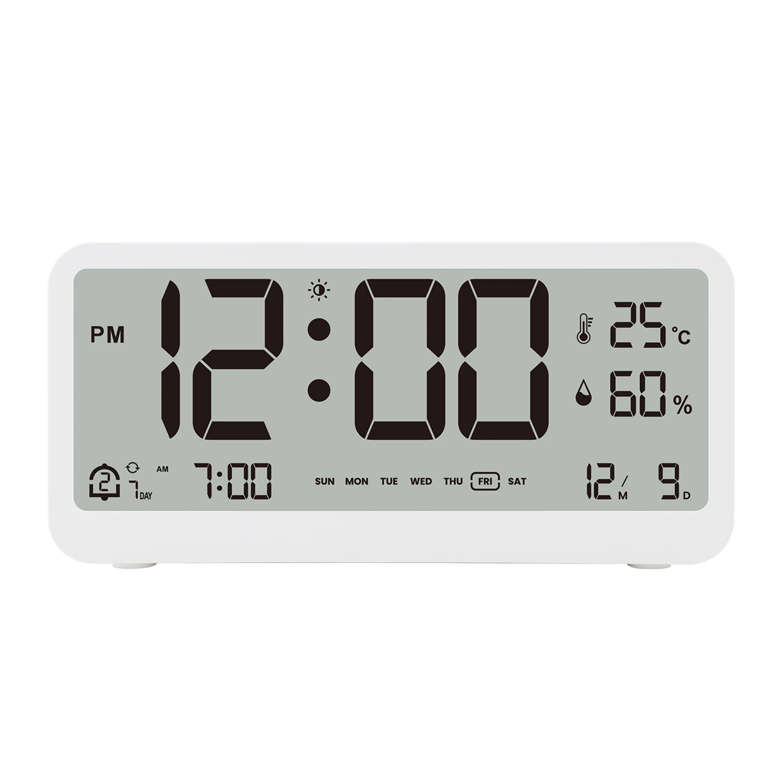 8001-EN Digital Clock Brightness Temperature Humidity Displaying Alarm Clock with Dual Alarms Modes Week & Date & Month Display