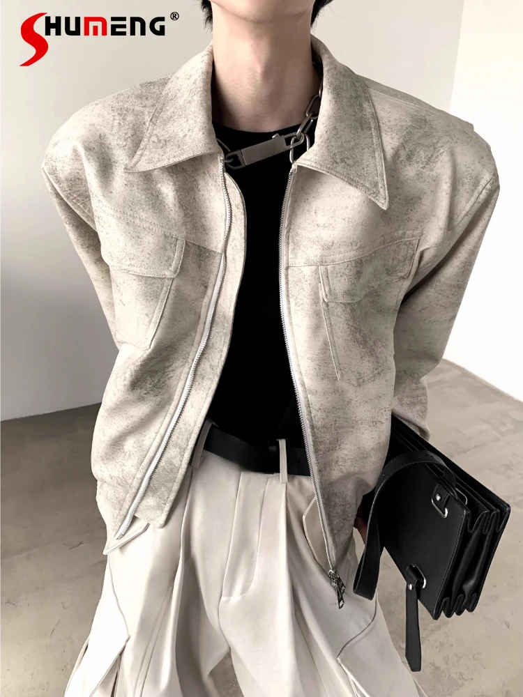 

Men's 2025 Autumn New High-End High Street Trendy Jackets Male Long Sleeve Padded Shoulder Faux Jackets Fashion Leather Coats