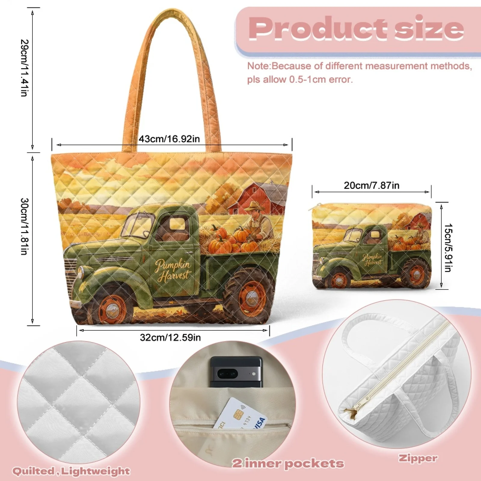 Coloranimal Thanksgiving Quilted Tote Bag with Matching Wallet, 2 Piece Set of Lightweight Casual Handbag for Travel Daily Use
