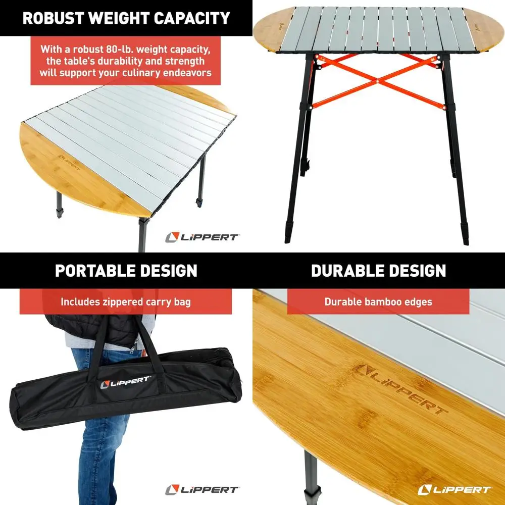 

Grey Roll Top Camping Table with Powder-Coated Surface, Durable Bamboo Edges, Foldable Design, Adjustable Legs, Lightweight for
