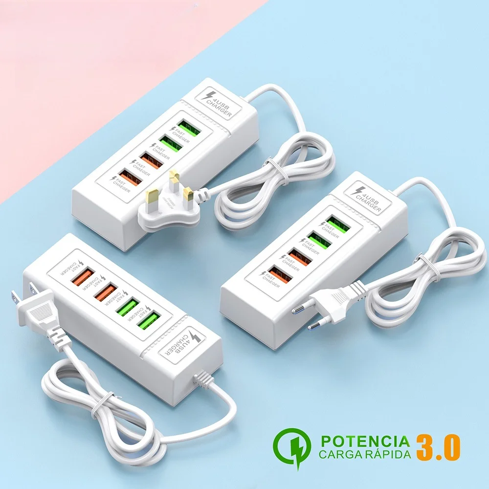 USB قطاع الطاقة محطة شاحن الهاتف الفاصل 4 ميناء USB نوع C شاحن سريع الهاتف شحن التوصيل USB الولايات المتحدة/الاتحاد الأوروبي/المملكة المتحدة مقبس كهربائي