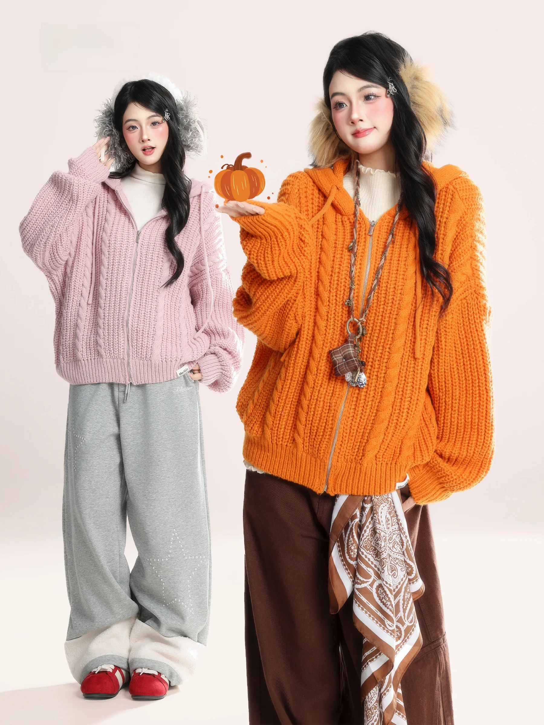 Trendy American Lazy Sle Orange Twist Knitted Sweater Coat Women's Winter New Dopne Hooded Open Cardigan Faionable