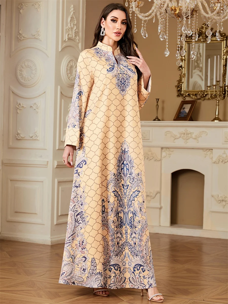 

Siskakia New Dubai Luxury Printing Abaya Muslim Elegant Floral Print Dress Pullover Long Sleeve Keftan 2025
