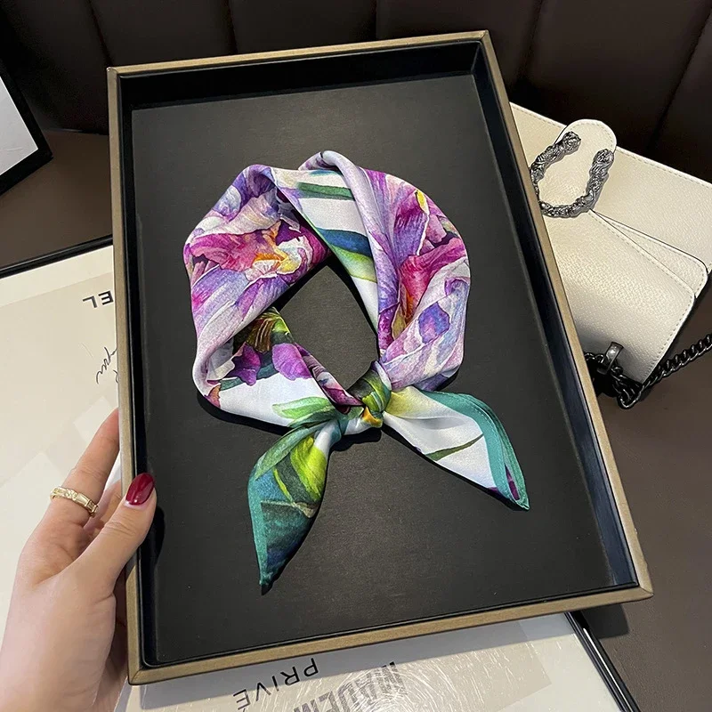 

2025 100% Real Silk Square Scarf Women Designer Floral Print Neckerchief Female Luxury Shawl Hijab Bandana Headband
