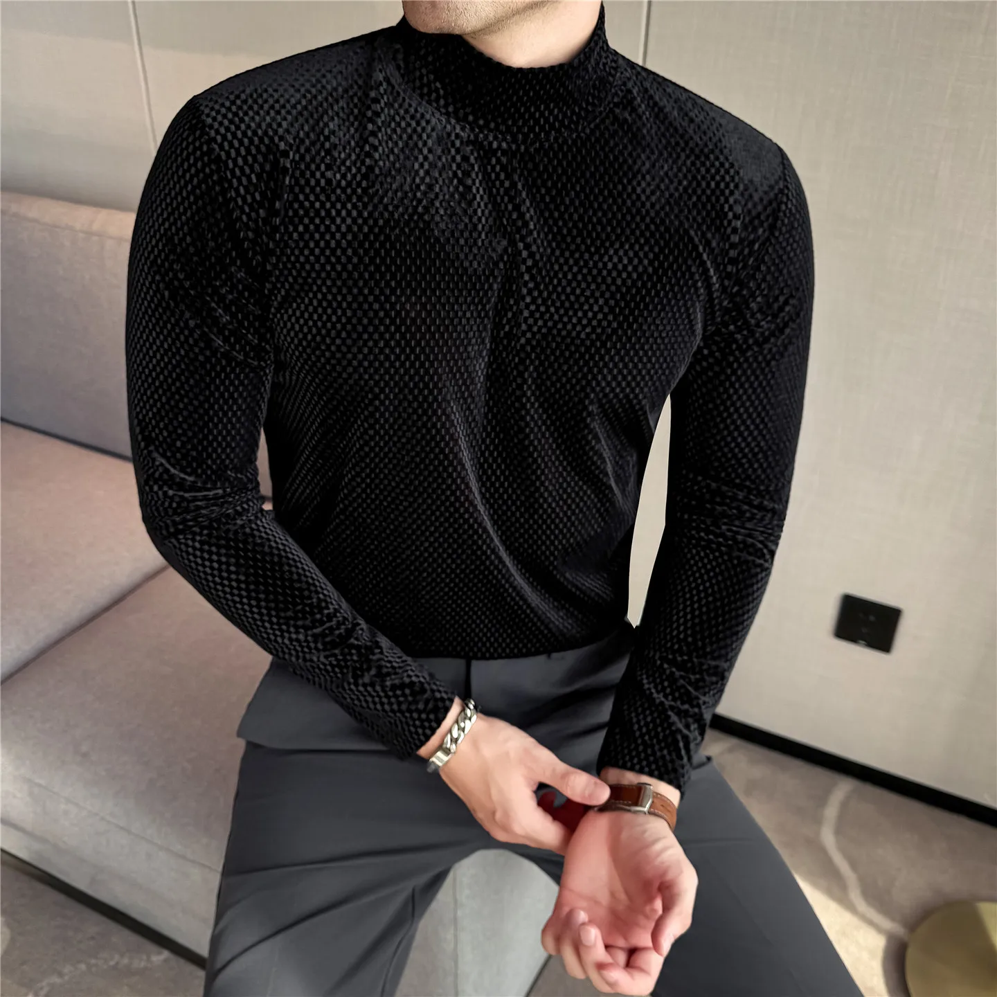 

Autumn Winter New Thick Waffle Velvet T-Shirt Fashion Men Half High Neck Grid Solid Color Slim Casual Long Sleeve Elastic Tee