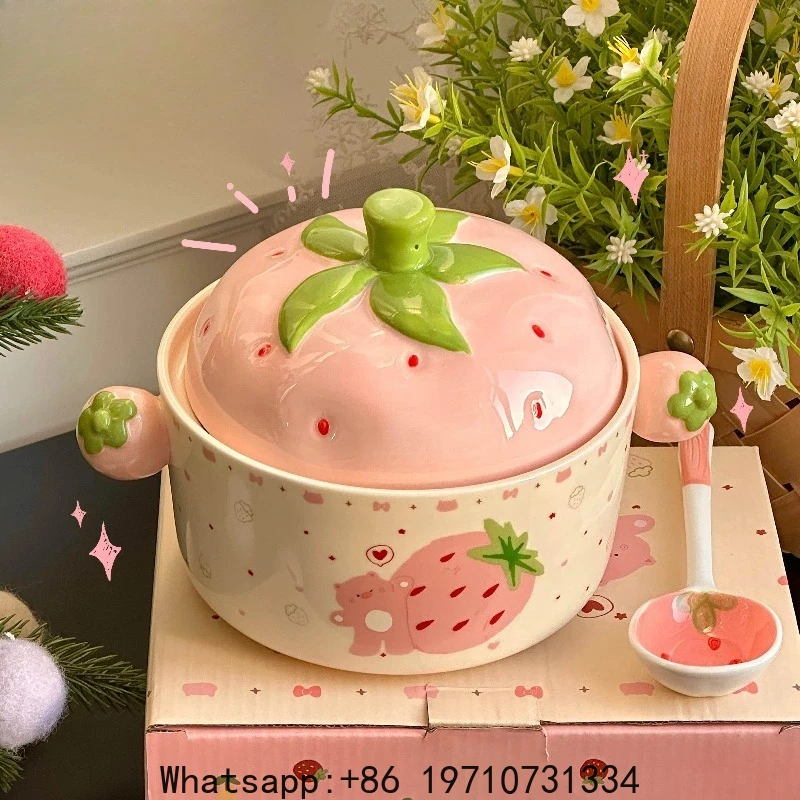 

Cute Pink Strawberry Binaural Instant Noodle Bowl with Lid Ceramic