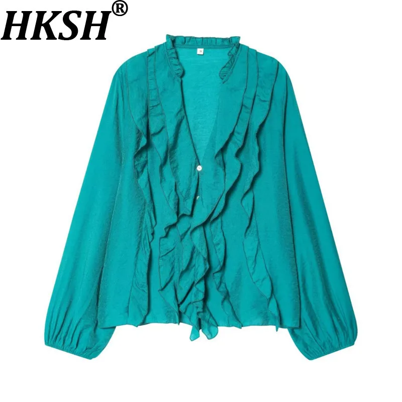 

HKSH Spring Autumn New Women's Shirt V-neck Solid Color Long Sleeves Layered Ruffled Versatile Ins Thin Blouse Sweet Top HK15801