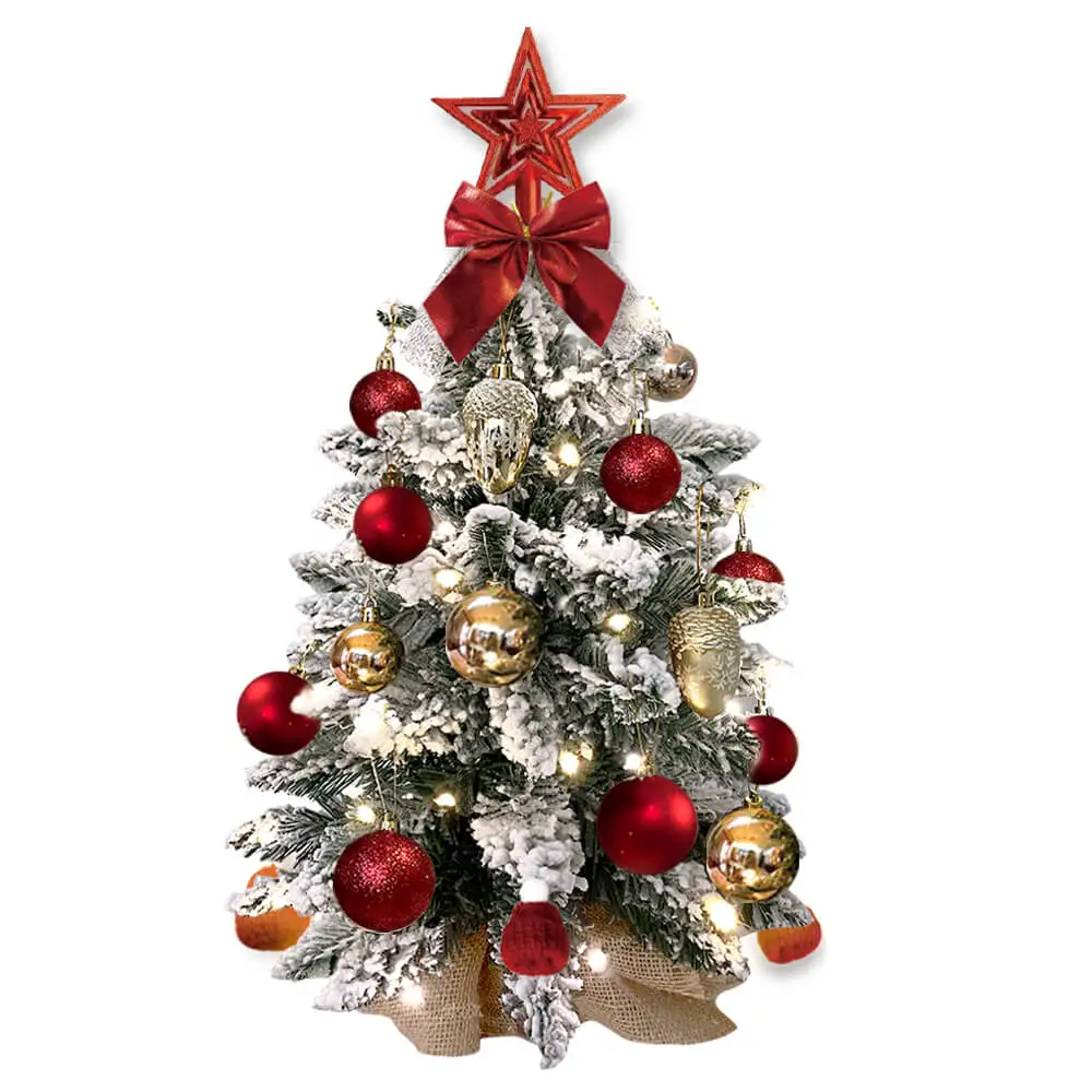 60cm Small Artificial Christmas Tree with Light 2022 Xmas Tabletop Decoration with Flocked Snow 2023 New Year Home Ornament