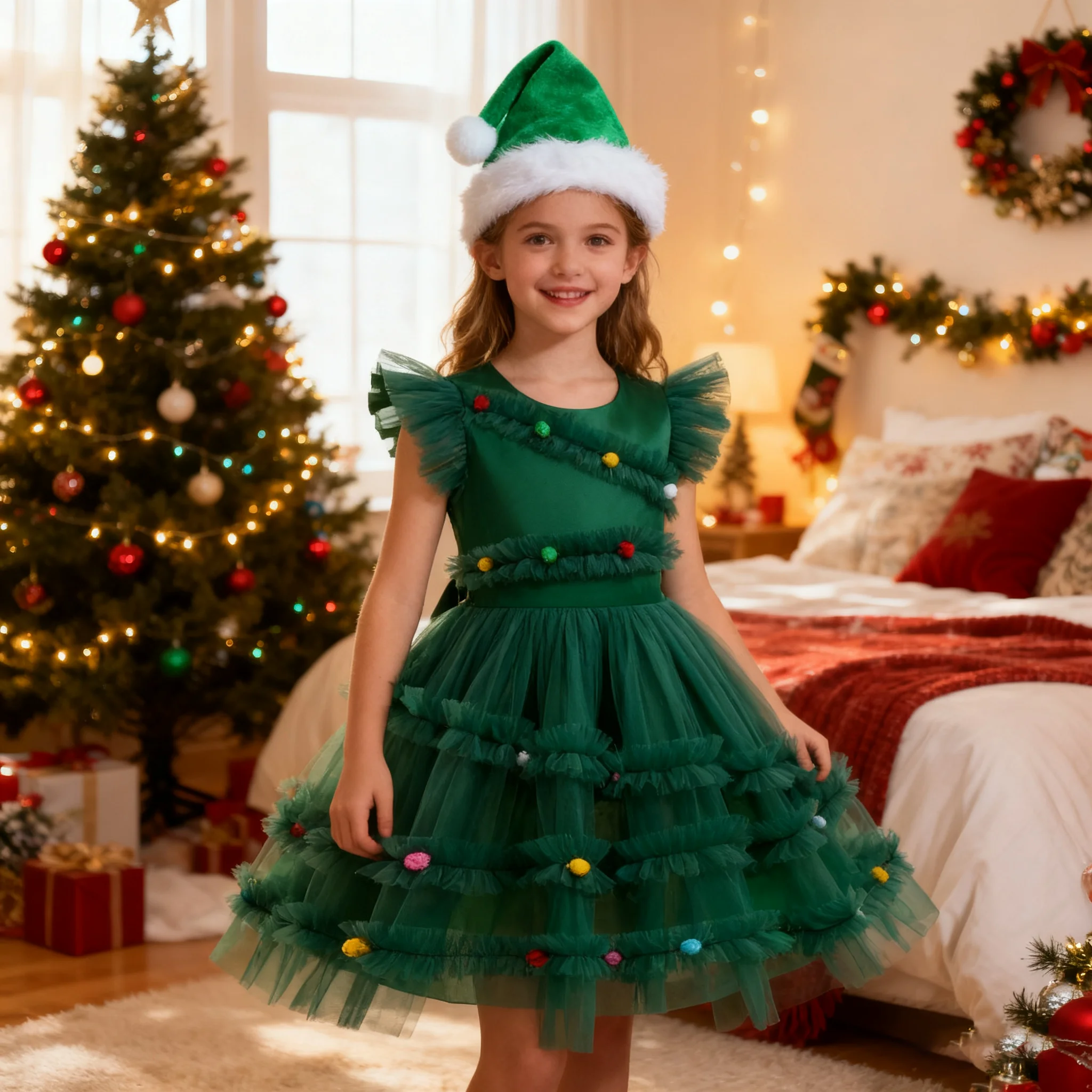 Weihnachten Mädchen Prinzessin Kleid und Hut Baby Mädchen Hochzeit ärmelloses Weihnachtskleid Mesh Karneval Geburtstag Party Abend Grünes Kleid