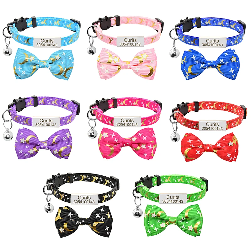 Personalized Bow Tie Cat Collar Name Tag Custom Nameplate Safety Breakaway Cute Star Moon Bowknot Cat Collar Bell kitty Necklace