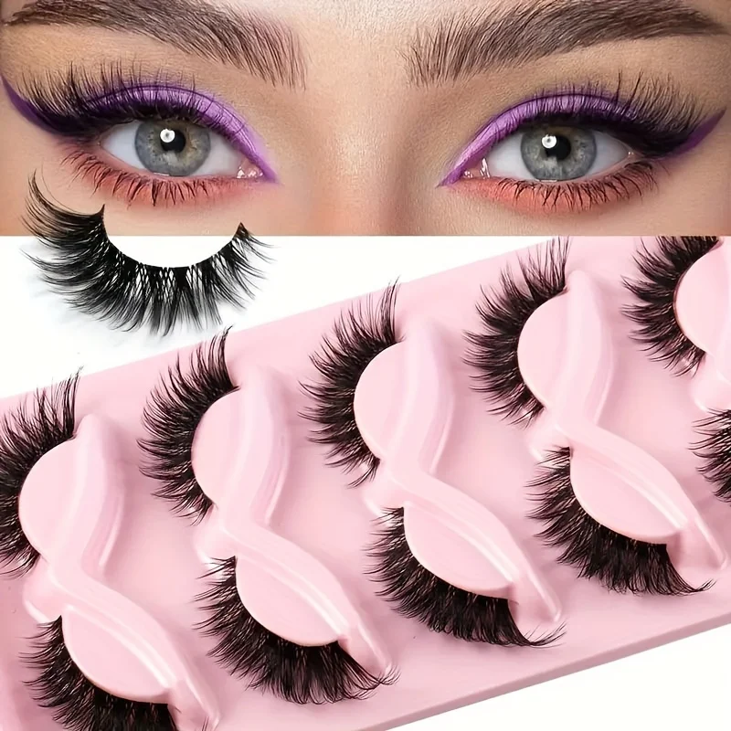 5 Pairs Cat Eye False Eyelashes - Hypoallergenic, Natural Long Manga Lashes With Winged Ends For Extended Eye Look