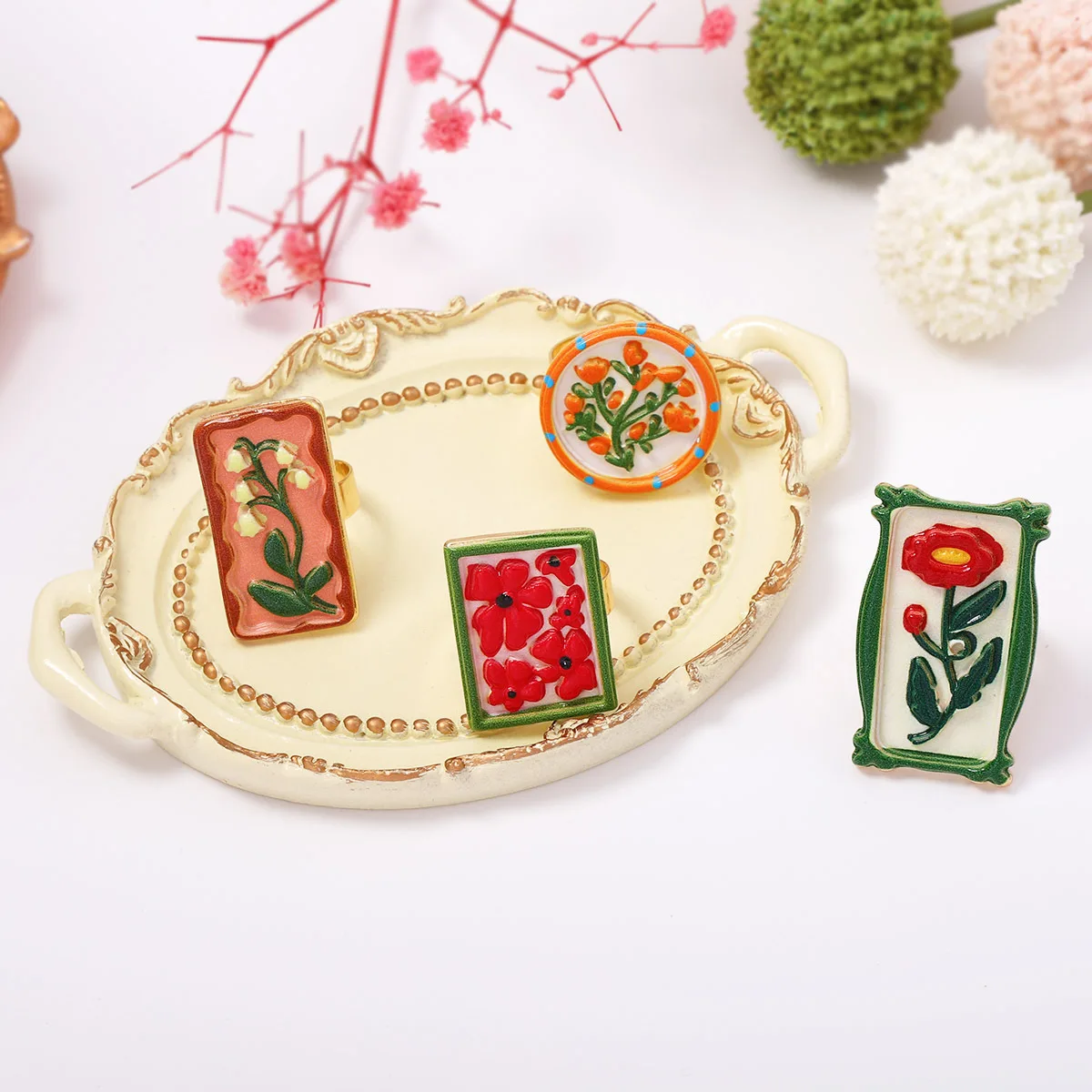 New Embossed Geometric Color Vintage Elegant Trend Oil Dripping Adjustable Square Rings Women's Daily Jewelry Accessories Gift