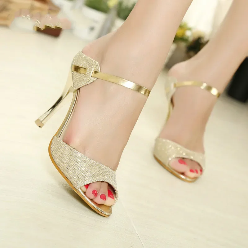 2023  Women Sandals Fashion Beautiful High Heels Sandals Silver Golden Thin Heel Ladies Summer Shoes Plus Size 41