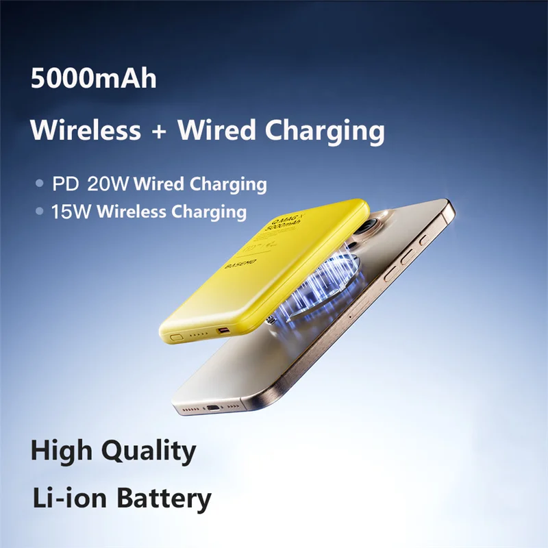 PD20W 磁気モバイルバッテリー 5000mAh 薄型 ポータブル ワイヤレス急速充電 パワーバンク MagSafe対応 iPhone 16 Samsung Huawei Xiaomi用