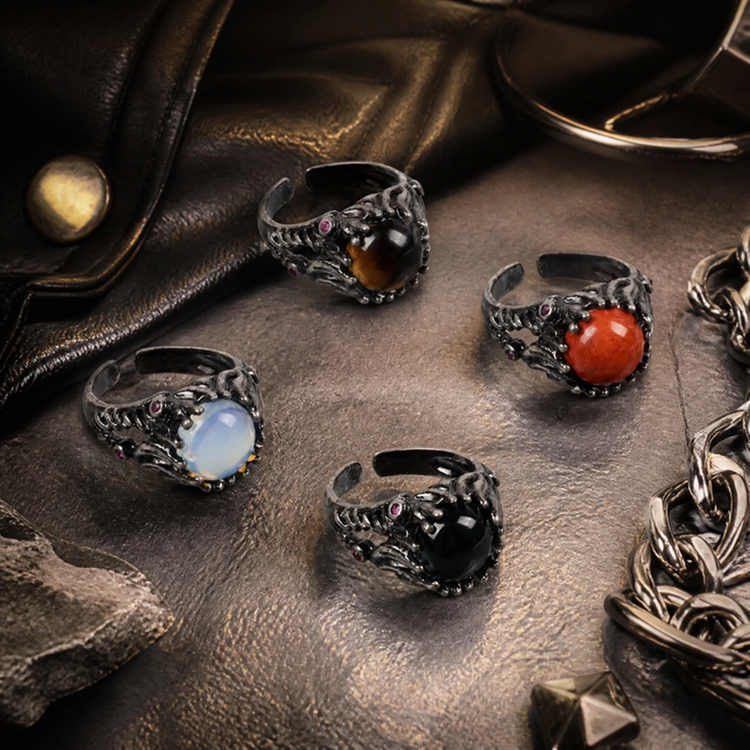 Gothic Vintage Black Dragon Claw Adjustable Rings for Women Men Punk Natural Stone Amethyst Opal Obsidian Witchy Jewelry Gift view 4