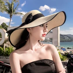 New Women's Hat Summer Beach Big Brim Straw Seaside Sun Hat Travel Women's Panama Sun Protection Felt Hat UPF 50+ Sun Visor Caps