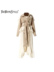 TWOTWINSTYLE Colorblock Casual Long Trenches For Women Lapel Long Sleeve Patchwork Button Chic Long Coat Female Fashion Style