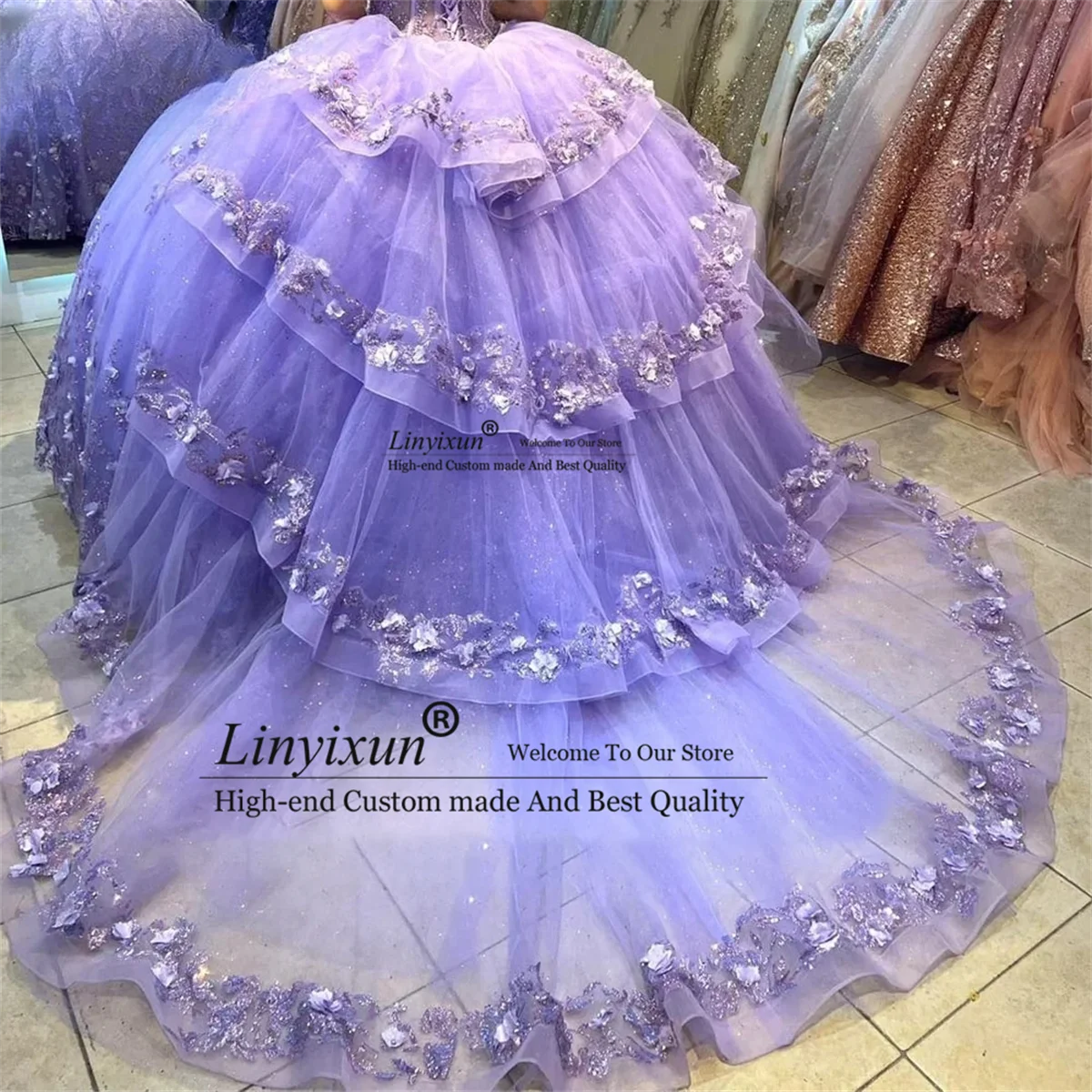 Shiny Customized Quinceanera Dresses Beads 3D Floral Applique Lace With Detached Train Sweet 15 16 Birthday Party Prom Gown