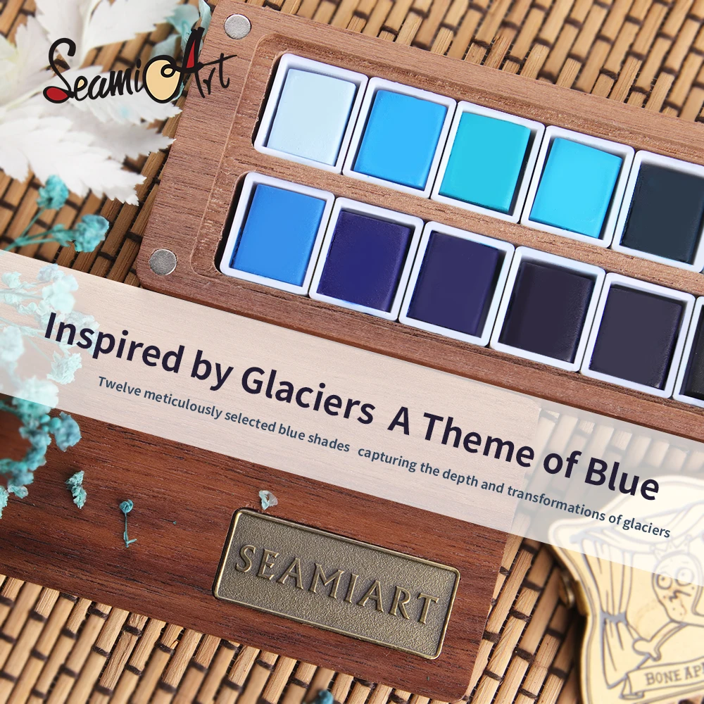 

SeamiArt 12color Glaciers Blue Tone Professional Solid Watercolor Set with Walnut Painting Box Palette For Art Supplies