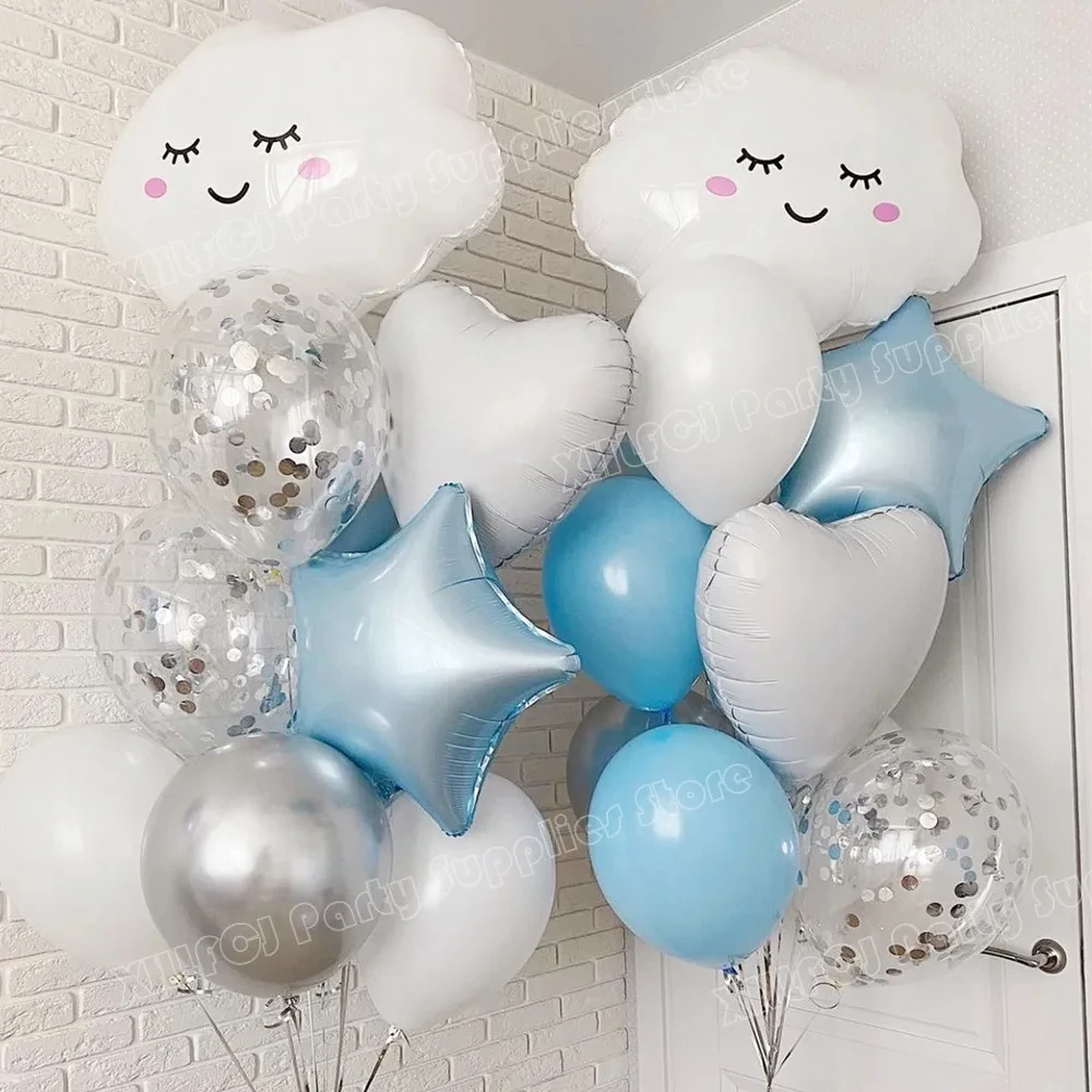 19/22pcs White Cloud Balloons,18Inch Heart Star Balloons,Silvery Metallic Confetti For Birthday Wedding Theme Party Deccoration