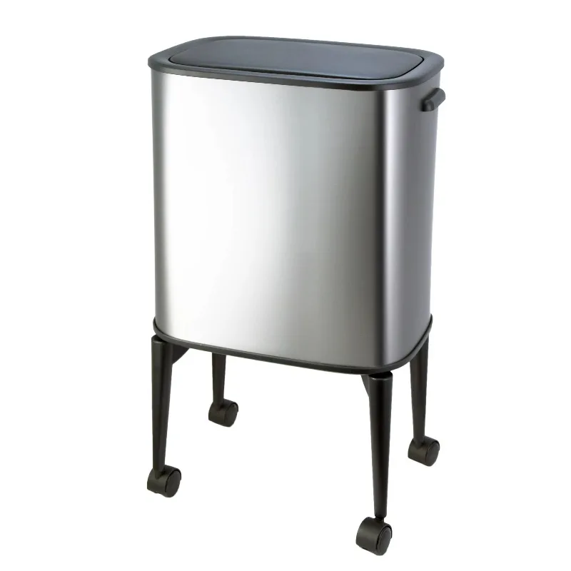 Modern household kitchen vertical trash can Large rectangular metal storage bin with sensors and wheels