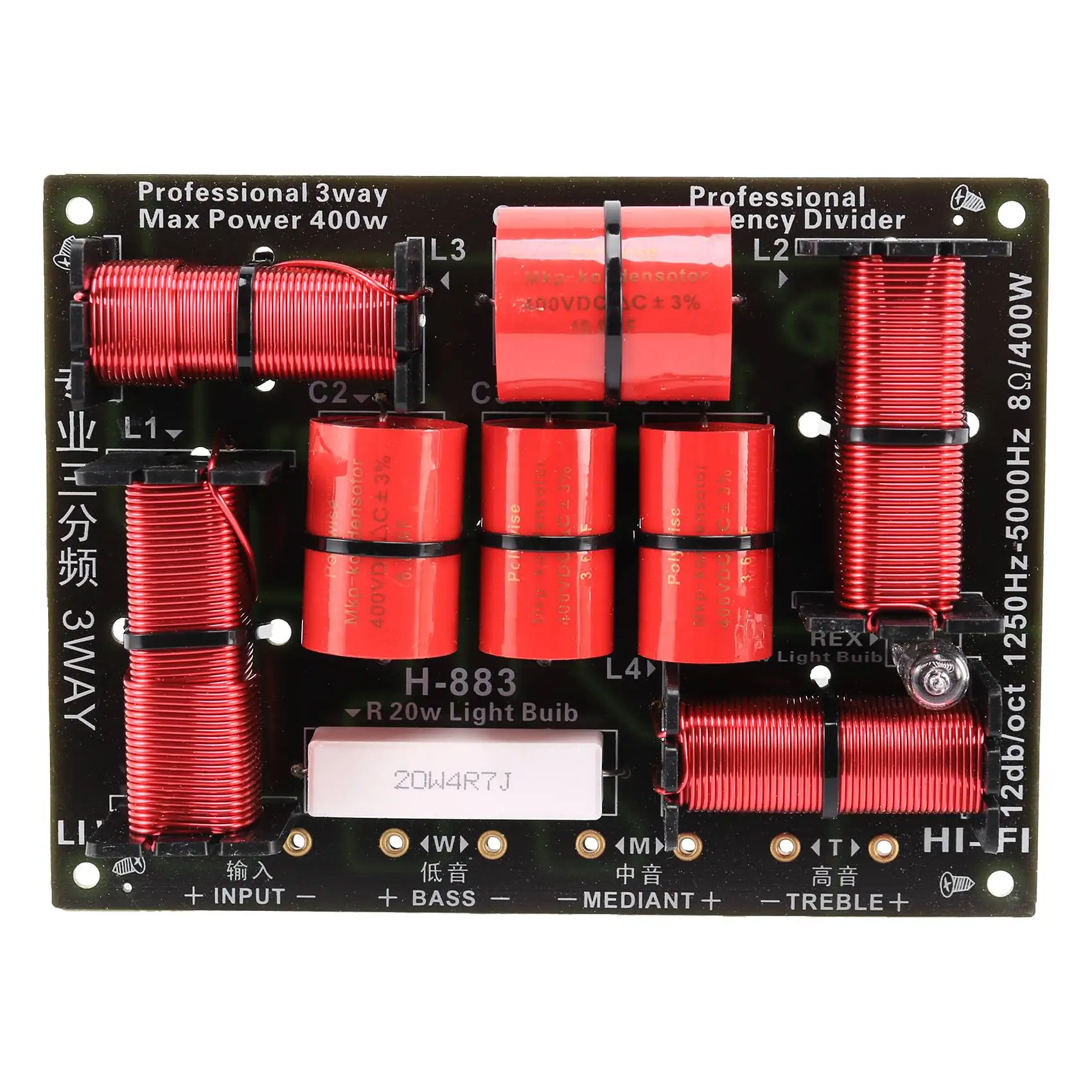 

B18B 400W 3 Way Crossover Divider Hifi Tweeter Woofer Speaker Crossover 1250H/5000HZ with High-Pitched Protection