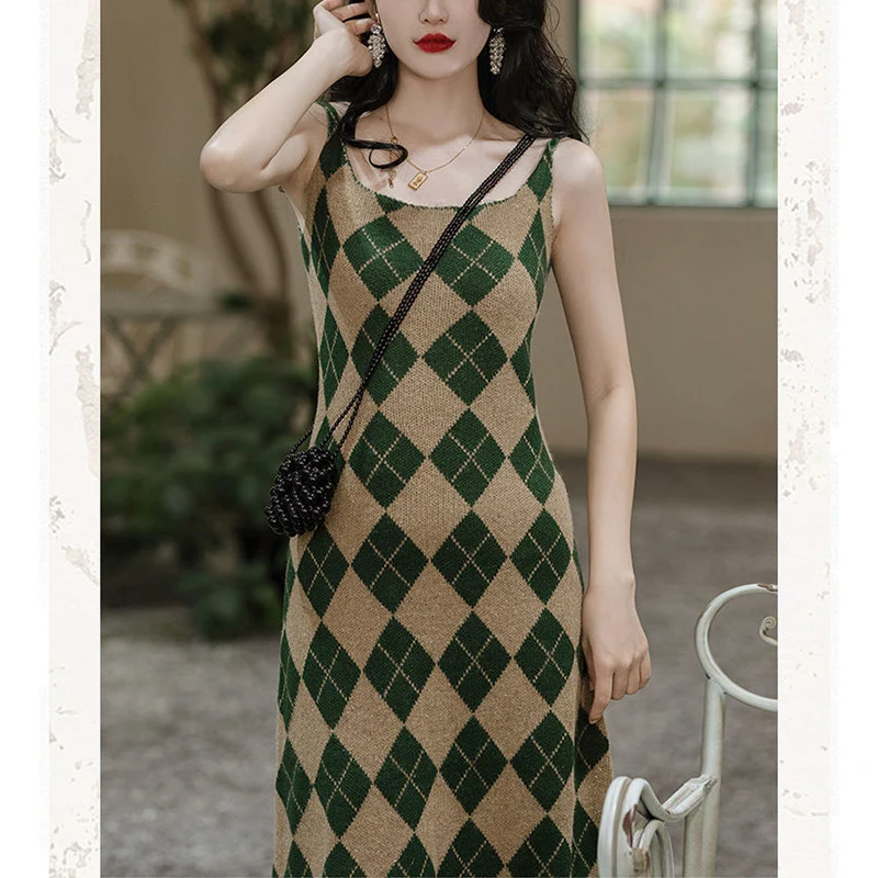 Autumn Winter Women\'s Sexy Vintage Plaid Patchwork Slim Robe Female Elegant Fashion Slip Bodycon Dress Ladies Weater Vestido Set