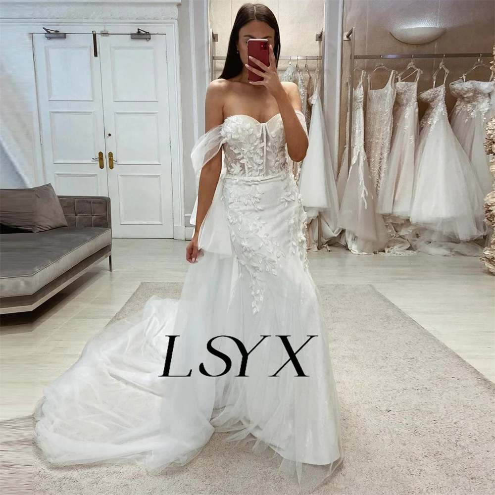 LSYX Sweetheart Off spalla Appilques Tulle sirena abito da sposa staccabile corte treno abito da sposa su misura