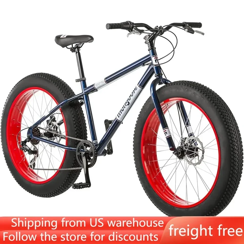 Fat Tire Mountain Bike, 26-Inch Wheels, 4-Inch Wide Knobby Tires, 7-Speed, Adult Steel Frame, Front and Rear Brakes Freight free