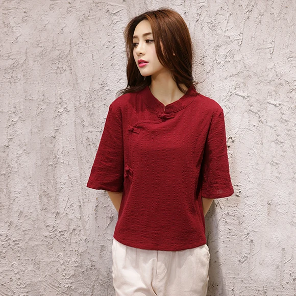 

Korean Style Large Size Cotton Linen Base Shirt New Chinese Style Button Tea Service T-Shirt Women's Fashion Commute Style
