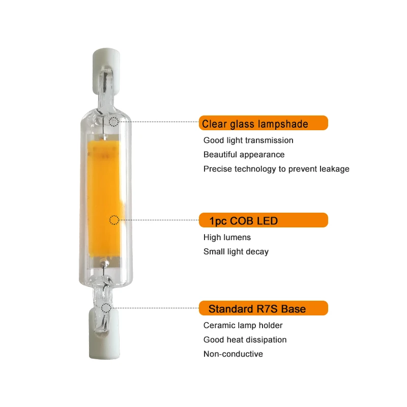 Clear Glass COB R7S LED Bulb 78MM 118MM High Power Spot Light Flood Lamp Replace Halogen Light 50W AC110V 220V Lampadas