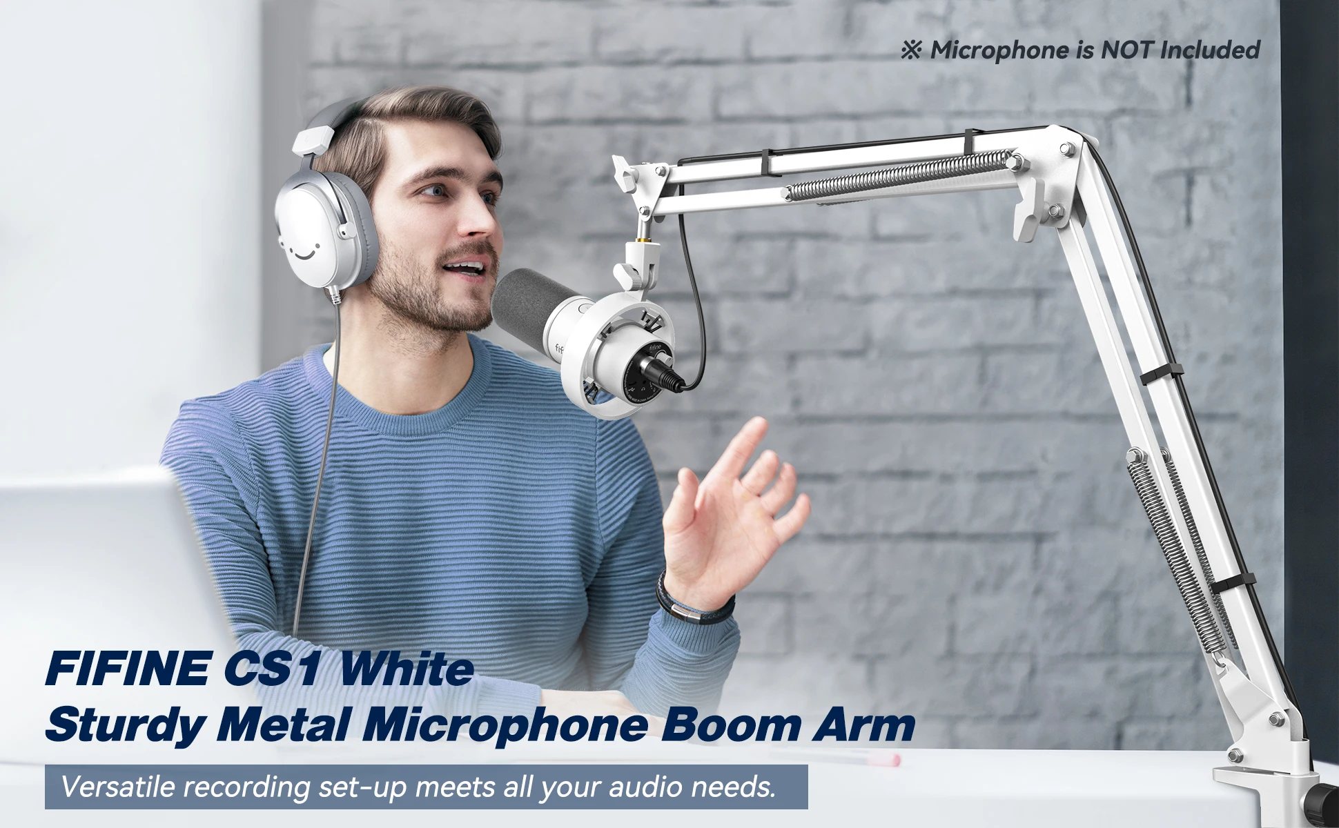 AmpliGame by FIFINE Metal Microphone Stand – Sturdy,Universal Mount Compatible for Studio, Streaming & Podcast Setup-CS1W White