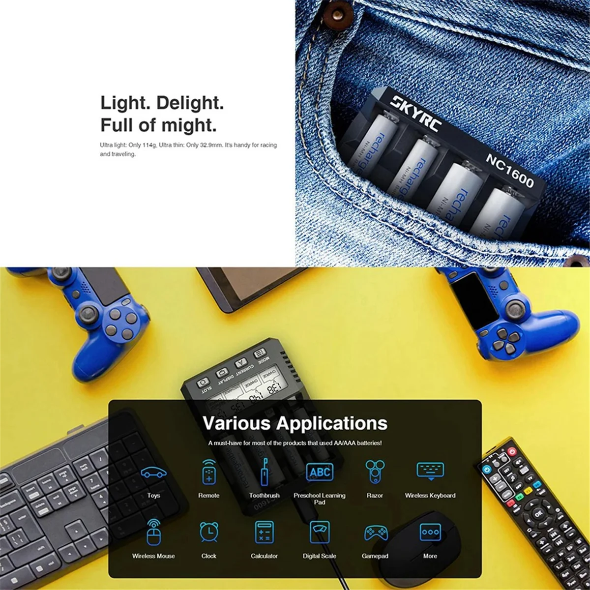 Cargador de batería NC1600 AA/AAA NiMH NiCr con analizador cargador de utilidad portátil