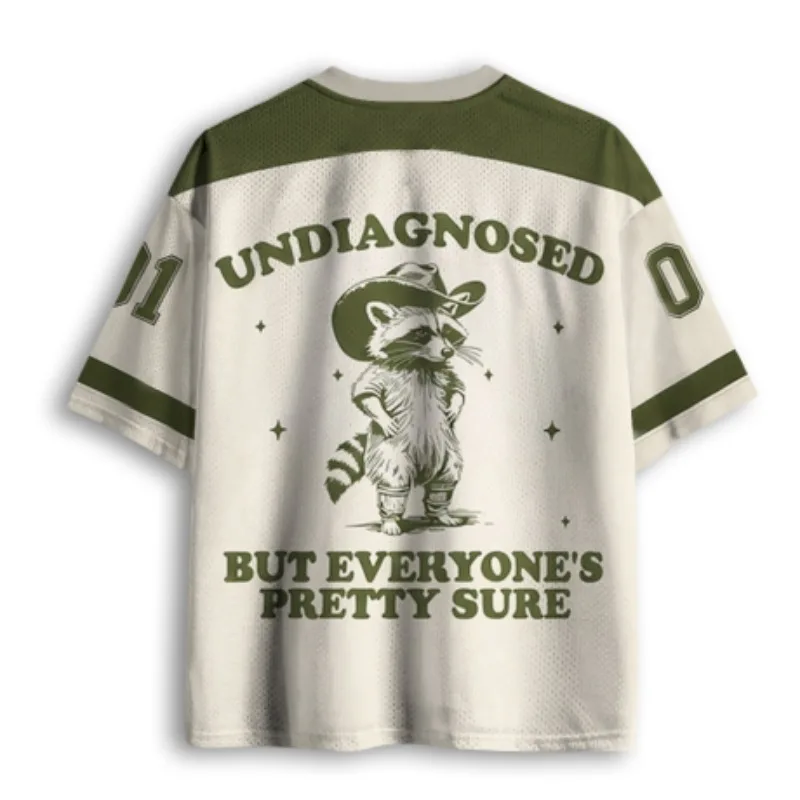 Vintage Cowboy Raccoon Funny Mental Health Slogan Print Green Cream Color Block Mesh V Neck Loose Football Jersey T-shirt ﻿