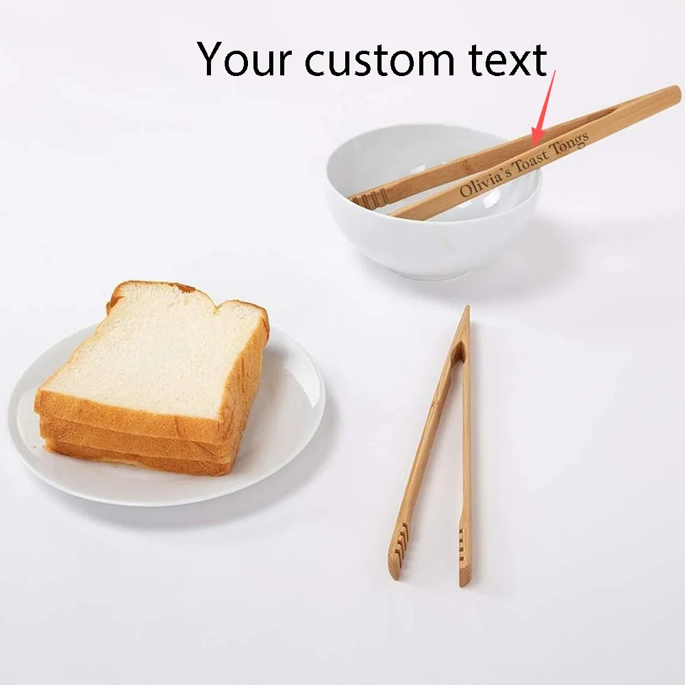 Custom Engraved Bamboo Food Tongs Reusable Wooden Bread Clip Heat Resistant Kitchen Clamp Custom BBQ Salad Buffet Cooking Tool