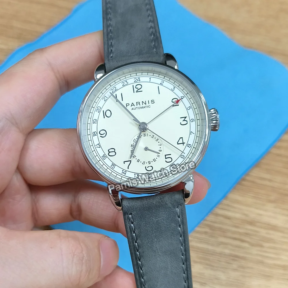 Parnis 42 mm GMT Caja plateada Marca árabe Ventana con fecha Correa de cuero Reloj mecánico automático para hombre