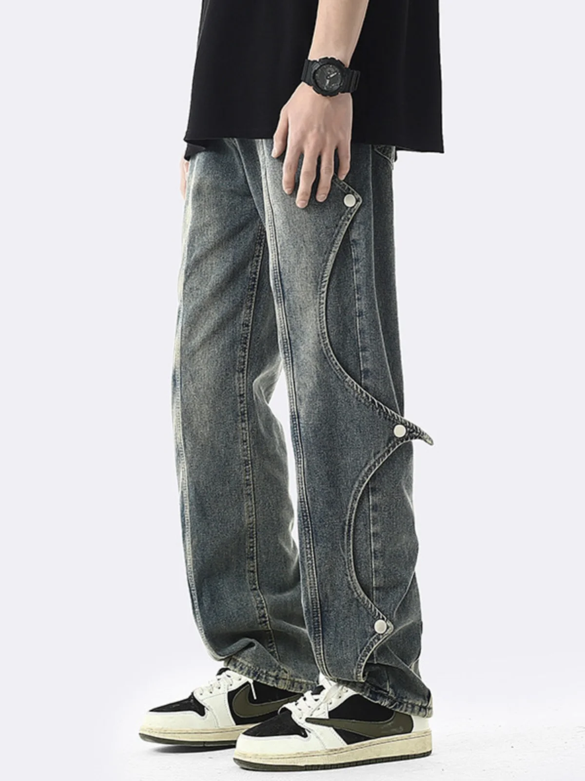 

American High Street Deconstructed Men's Jeans Spring Autumn Straight Leg Pants Design Sense Splicing Long Trousers