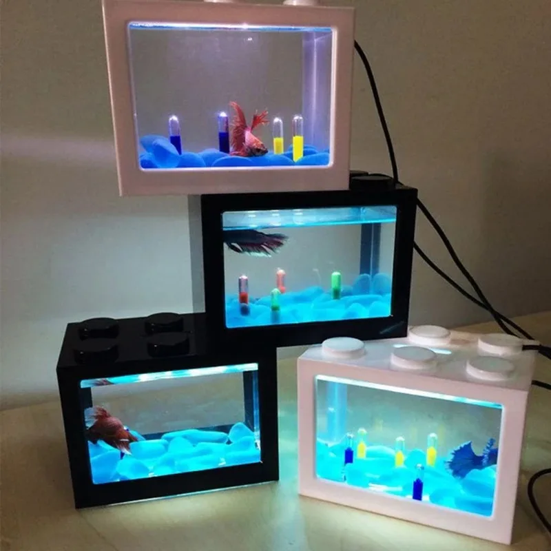 USB Illuminated Stackable Block Style Mini Aquarium with LED Light Pet Breeding Box for Marimo Turtle Ant Fish