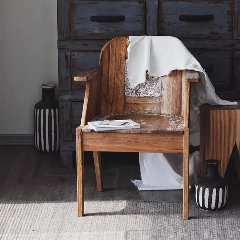 Solid wood single chair Nordic study lounge chair dining light luxury armchair old elm