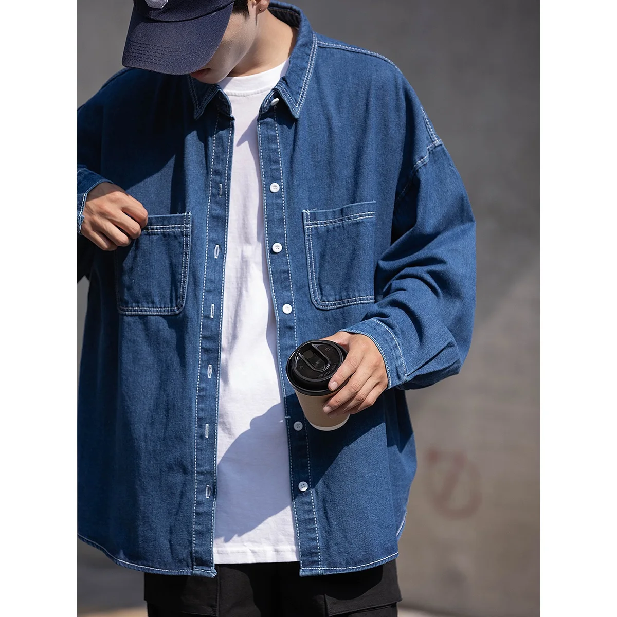 

Autumn New Men's Denim Long Sleeve Loose Design Pure Color Student Shirt Fashionable Retro Japanese Style Youth Culture